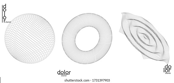 Abstract vector mesh object icon set. Polygonal geometric shape. Computer modeling for math or chemistry. Line optical art design. Outline wavy surface. Wire frame logo design. 