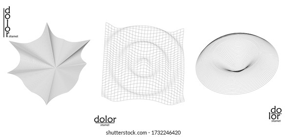 Abstract vector mesh object icon set. Polygonal geometric shape. Computer modeling for math or chemistry. Line optical art design. Outline wavy surface. Wire frame logo design. 
