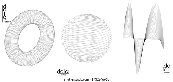 Abstract vector mesh object icon set. Polygonal geometric shape. Computer modeling for math or chemistry. Line optical art design. Outline wavy surface. Wire frame logo design. 