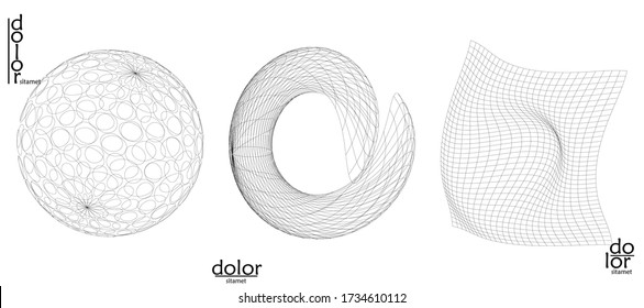 Abstract vector mesh object icon set. Polygonal geometric shape. Computer modeling for math or chemistry. Line optical art design. Outline wavy surface. Wire frame logo design. 