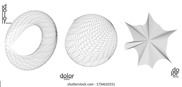 Abstract vector mesh object icon set. Polygonal geometric shape. Computer modeling for math or chemistry. Line optical art design. Outline wavy surface. Wire frame logo design. 