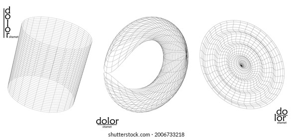 Abstract vector mesh object icon set. Polygonal geometric shape. Computer modeling for math or chemistry. Line optical art design. Outline wavy surface. Wire frame logo design. 