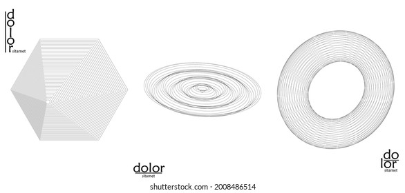 Abstract vector mesh object icon set. Polygonal geometric shape. Computer modeling for math or chemistry. Line optical art design. Outline wavy surface. Wire frame logo design. 