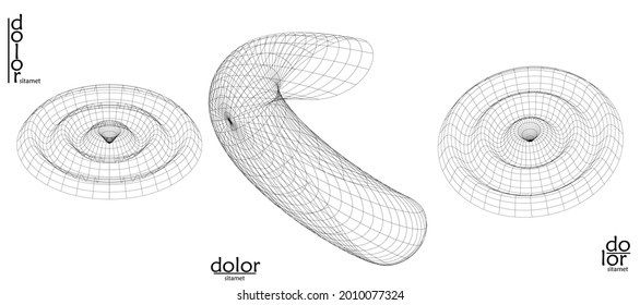 Abstract vector mesh object icon set. Polygonal geometric shape. Computer modeling for math or chemistry. Line optical art design. Outline wavy surface. Wire frame logo design. 