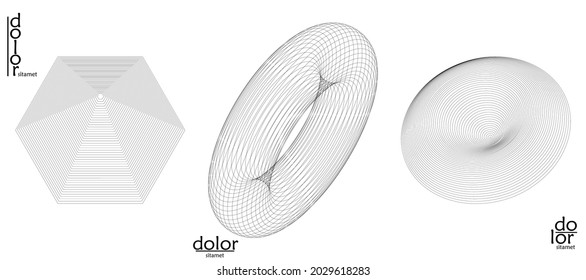 Abstract vector mesh object icon set. Polygonal geometric shape. Computer modeling for math or chemistry. Line optical art design. Outline wavy surface. Wire frame logo design. 