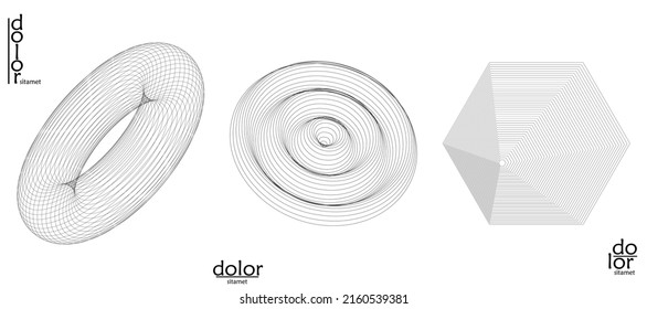 Abstract Vector Mesh Object Icon Set. Polygonal Geometric Shape. Computer Modeling For Math Or Chemistry. Line Optical Art Design. Outline Wavy Surface. Wire Frame Logo Design. 