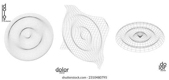 Abstract vector mesh object icon set. Polygonal geometric shape. Computer modeling for math or chemistry. Line optical art design. Outline wavy surface. Wire frame logo design. 