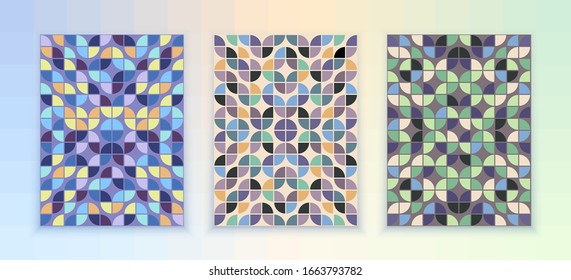 Abstract vector, mid-century ornament, in pastel shades. Image consists of quarters of circle. Set of three pictures. Wallpaper, banner, poster, image for covering.