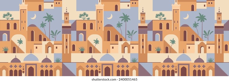 Abstract vector Middle Eastern town pattern. Seamless geometric Palestine pattern. Morocco Islamic cityscape repeat 32 inches high. Mosque, stairs, houses, palm trees. Ramadan travel seamless repeat