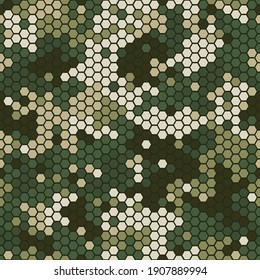 Abstract vector military camouflage background. Futuristic advanced combat uniform. Camo seamless pattern of geometric hexagonal shapes for army clothing.