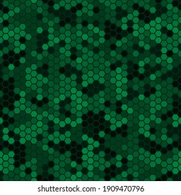 Abstract vector military camouflage background. Futuristic advanced combat uniform malachite green palette. Camo seamless pattern of geometric hexagonal shapes for army clothing.