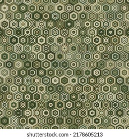 Abstract vector military camouflage background. Futuristic advanced combat uniform. Olive green and tan camo seamless pattern of geometric hexagonal shapes for army clothing.