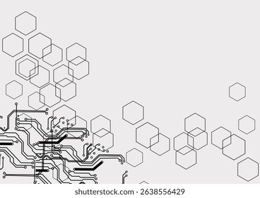 Abstract Vector Minimal abstract vector design featuring circuit lines and hexagonal shapes on a light background. Ideal for technology, innovation, digital, and engineering projects.