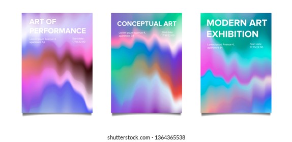 Abstract vector minimal posters set with VHS glitch art effect, fluid vibrant defaced pastel surface. Collection of covers for music, art, party event.