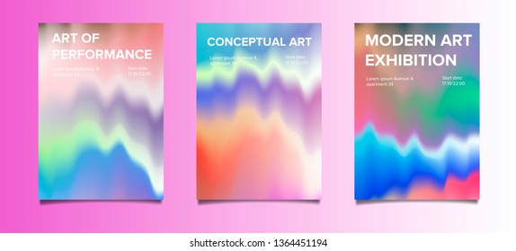 Abstract vector minimal posters set with VHS glitch art effect, fluid vibrant defaced pastel surface. Collection of covers for music, art, party event.