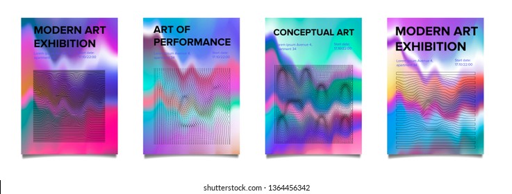 Abstract vector minimal posters set with VHS glitch art effect, fluid vibrant defaced pastel surface. Collection of covers for music, art, party event.