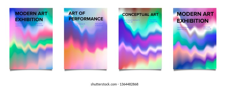 Abstract vector minimal posters set with VHS glitch art effect, fluid vibrant defaced pastel surface. Collection of covers for music, art, party event.