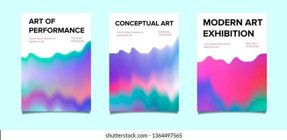 Abstract vector minimal posters set with VHS glitch art effect, fluid vibrant defaced pastel surface. Collection of covers for music, art, party event.