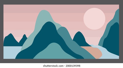 Abstract vector minimalist landscape. Nature, sky, sun, river, sea, rock mountain landscape poster. Geometric landscape background. 