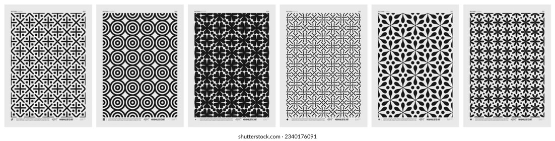 Abstract vector Minimalistic Posters with geometric pattern, Black and White rhythmic repeating texture, creative modern artwork with typically repeated element various shapes, set 2