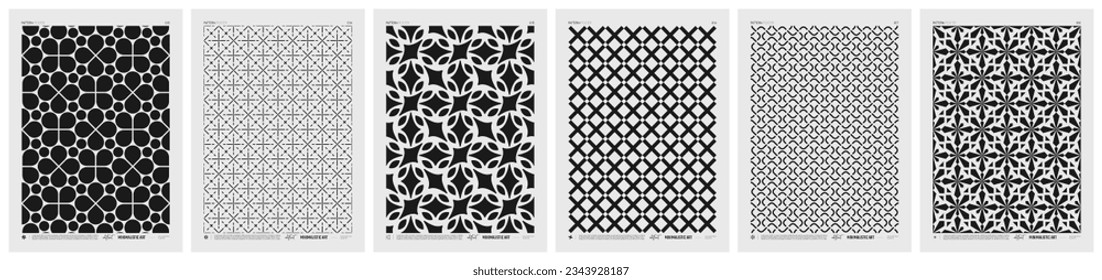 Abstract vector Minimalistic Posters with geometric pattern, Black and White rhythmic repeating texture, creative modern artwork with typically repeated element various shapes, set 3