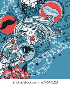 abstract vector mix of funny skulls, chains and roses