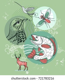 Abstract vector mix of hand drawn elements with birds,fish and animals