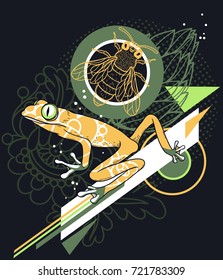 Abstract vector mix with a yellow frog and hand drawn nature elements