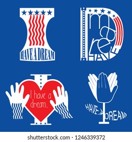 Abstract vector mnemonics on I have a dream text in national flag colors on a blue background