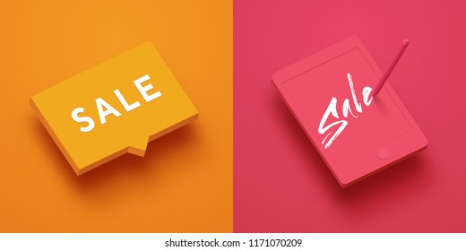 Abstract vector mock up template with bubble and tablet. Isometric layout with words SALE inside objects. Realistic 3d style with shadows, clay render.