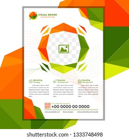 Abstract vector modern flyer / brochure design templates with colorful geometric triangular background. Polygon cover with green and orange color. geometric background