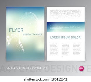 Abstract vector modern flyer / brochure design template. Smooth blue blurry background with curly dynamic wave.