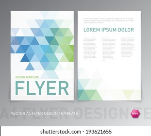 Abstract vector modern flyer / brochure design template with colorful geometric triangular background. Green and blue colors on white