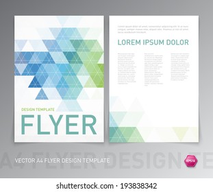 Abstract vector modern flyer / brochure design template with colorful geometric triangular background. Green and blue colors on white