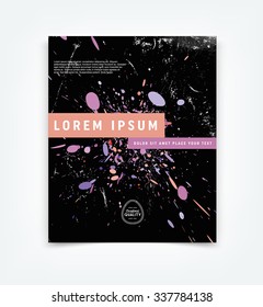 Abstract vector modern flyer / cover design template with old scratched vintage look. Old used weathered texture. Colorful dot burst