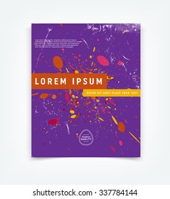 Abstract vector modern flyer / cover design template with old scratched vintage look. Old used weathered texture. Colorful dot burst