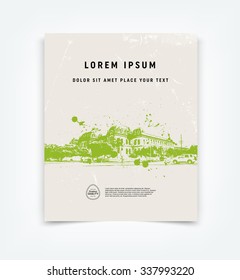 Abstract vector modern flyer / cover design template with old scratched vintage look. Old used weathered texture with grungy colonial building. Paint spatters. Watercolor style