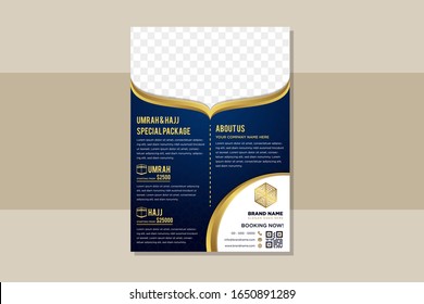 Abstract vector modern flyers brochure, booklet, annual report, design templates with gradient blue background and gold curve element designs in size a4. transparency arabic pattern. Space for photo.