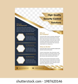 Abstract vector modern flyers template design for security control solutions with white background in size a4. Hexagon space for photo collage. gold gradient and dark blue elements.  