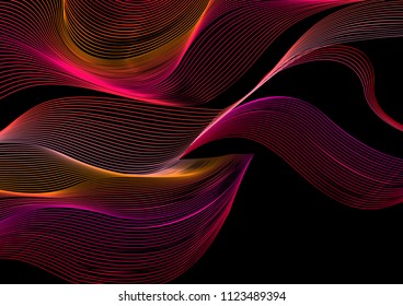 Abstract vector moire pattern with lines. Graphic red and pink wave ornament on black background