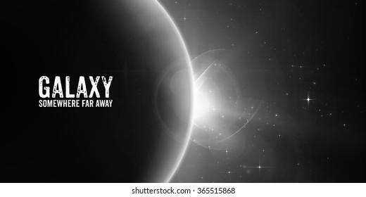 Abstract vector monochrome background with planet and eclipse of its star. Bright star light shine from the edge of a planet with a protuberance. Sparkles of stars on the background. 