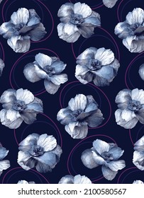 abstract vector monochrome big flowers with circles contour all over design illustration digital image for textiles