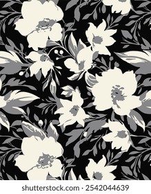 abstract, vector, monochrome, big flowers, all over textiles design, illustration digital image can be used for wrapping paper