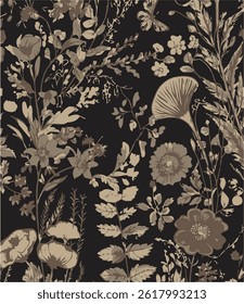 abstract, vector, monochrome, big flowers, all over textiles design, illustration digital image can be used for wrapping paper