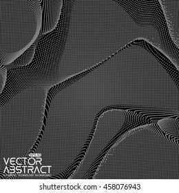Abstract vector monochrome colorful distorted mesh plane on dark background. Futuristic style card. Elegant background for business presentations. Corrupted point plane. Chaos aesthetics.