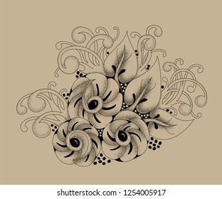 Abstract vector Monochrome Floral Background. Hand Drawn pattern with Spiral, Flowers and curls. Template for Greeting Card, vector illustration. Black drawing on craft paper