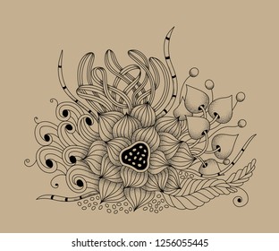 Abstract vector Monochrome Floral Background. Black drawing on craft paper