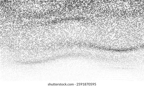 Abstract vector monochrome halftone background with waves. Grainy wallpaper with black circle pixel on white background. Backdrop with dotted