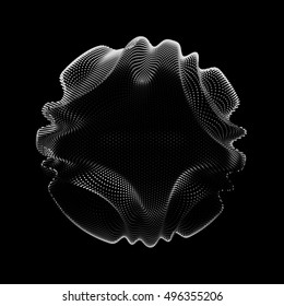 Abstract vector monochrome mesh sphere on dark background. Futuristic style card. Elegant background for business presentations.  Corrupted point sphere.  Chaos aesthetics.
