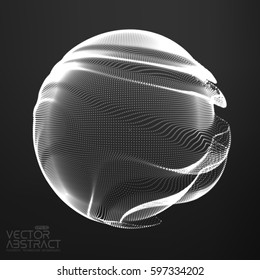 Abstract vector monochrome mesh sphere on dark background. Futuristic style card. Elegant background for business presentations.  Corrupted point sphere.  Chaos aesthetics.